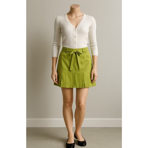 Carlisle Lime Green Pleated Mini Skirt Size 4 – Belted Y2K Preppy Summer Lined - Picture 3 of 8
